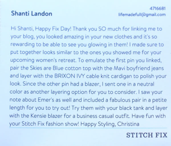 Stitch Fix Stylist Note