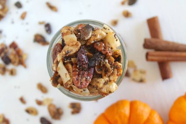 This pumpkin spice granola makes for a delicious healthy snack or a protein packed cereal substitute!